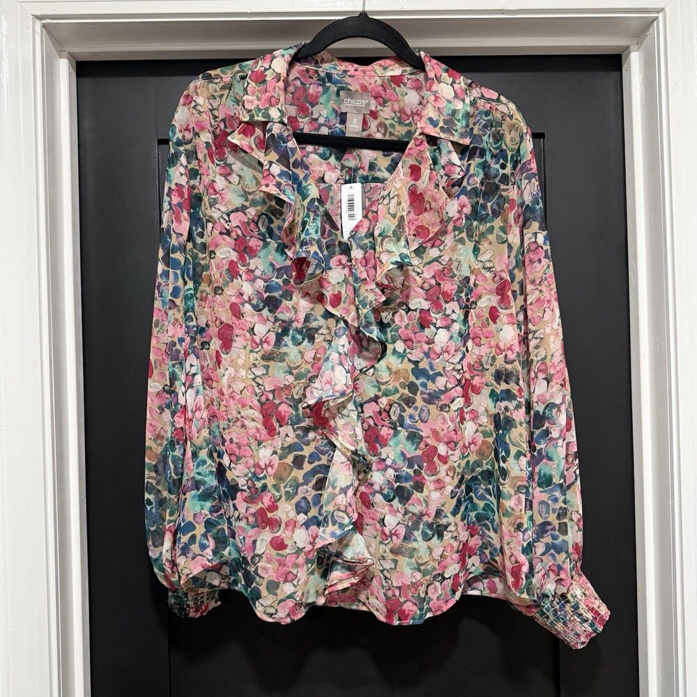 Chicos Floral Ruffle Vibrant Multicolor Abstract Print Sheer Blouse Sz 3/16